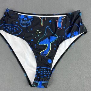 Women's Plus Size 1 Xl Black Neon Skull Mushroom Bikini Bottoms Swimwear